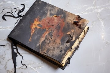 burnt diary on a marble surface