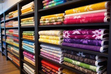 rows of finished quilts stacked in shelves