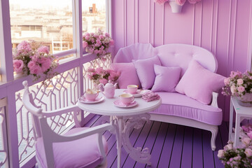 Cozy glamour balcony with pink flowers and sofa with pillows. Modern interior design