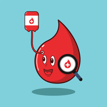 Adorable blood vector featuring a blood bag and a magnifying glass for visualizing blood donation and examination. Perfect for use as a symbol, in UI, web design, application icons, and more."