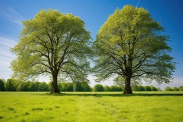 Fototapeta na wymiar two intertwined trees standing tall in a sunny meadow