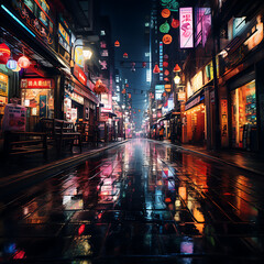 Rain-soaked Street at Night with Reflections of Neon Lights