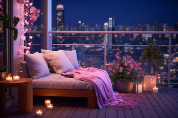 Cozy glamour balcony with pink flowers.. Modern interior design