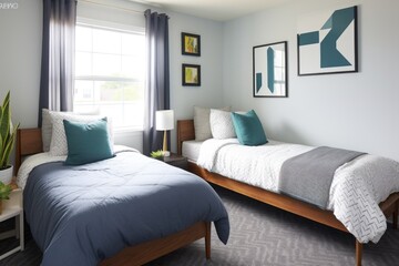 Fototapeta na wymiar bed made neatly in a shared bedroom