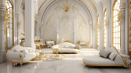Interior Design White And Gold Theme, Generative AI