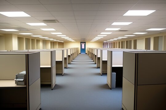 empty office cubicles with moving tags