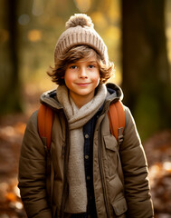 Portrait of smiling 10 years old boy in jacket and hat against backdrop of an autumn forest. Concept: autumn holidays, walks in nature, healthy lifestyle.Vertical. Generative AI.