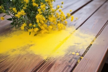 wooden table dusted with coat of yellow pollen