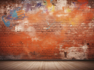 Wooden bench with graffiti brick wall background for product showcase 