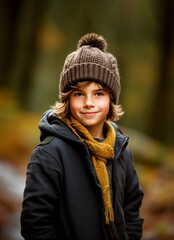Portrait of smiling 10 years old boy in jacket and hat against backdrop of an autumn forest. Concept: autumn holidays, walks in nature, healthy lifestyle.Vertical. Generative AI.