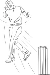 One Line Cartoon Drawing of Cricket Wicket Celebration, Bowler Celebrating with Open Hands: Vector Wicket Moment, World Cup Wicket Celebration