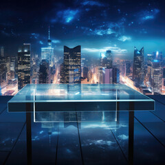 Glass table with city backdrop for product showcase