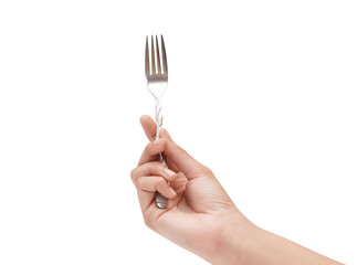 Female Hand Holding A Silver Stainless Fork Closeup Photo Isolated On White Background