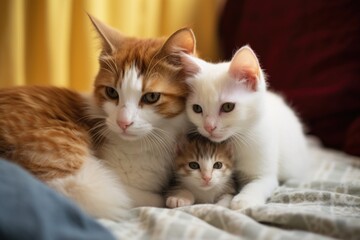 Fototapeta na wymiar domestic cats caring for kittens in a comfy setting