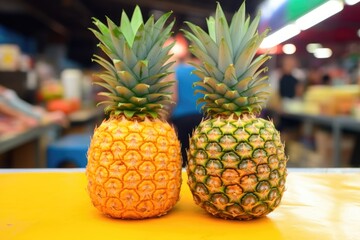 a small pineapple near a larger pineapple on a market stall