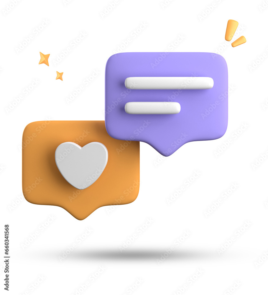 Fototapete 3d rendering of speech bubble with notification icons, 3d pastel yellow blue chat icon set. set of 3
