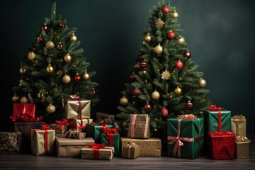 Christmas tree and gifts on a wooden background.
