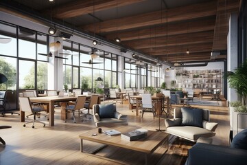Modern coworking space with open layout, natural light, and urban vistas. Digitally created visual. Generative AI