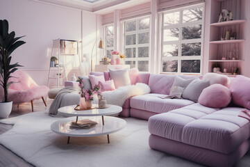 Cozy glamour living room with pink colors and sofa with pillows. Modern interior design