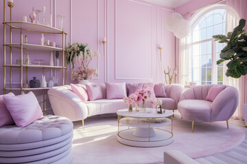 Cozy glamour living room with pink colors and sofa with pillows. Modern interior design
