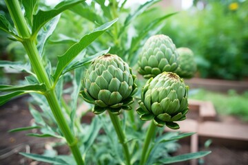 Fototapeta premium ripe artichokes amidst green artichoke plants in a garden