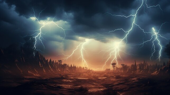 Dramatic Lightning thunderstorm flash over the night sky.AI generated image