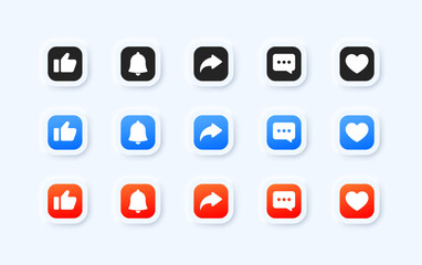 Icons for reactions to posts. Flat, color, like, bell, share, comment icons, social media. Vector icons