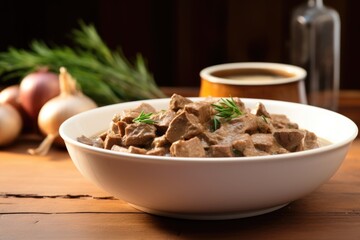 close-up of beef stroganoff in white bowl on wooden table