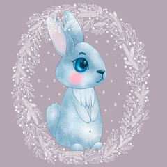 Illustration for clothes, packaging, dishes, postcards, posters and stationery. Watercolor drawing.Watercolor drawing. A cute Rabbit character in a frame made of twigs.