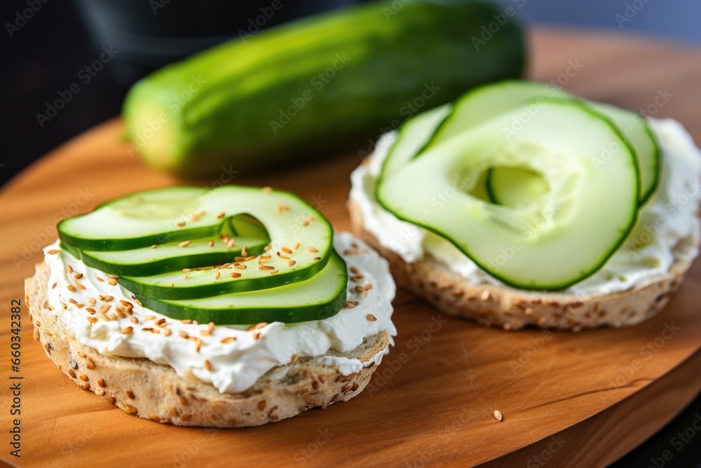 Sticker bagel with cream cheese and sliced cucumber