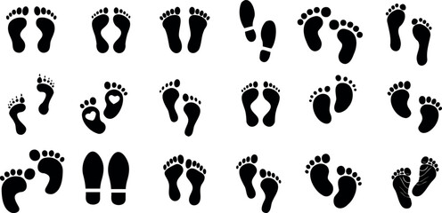 Diverse footprints vector illustration, set of unique footprints isolated on white, Featuring 18 different footprints, representing walking, standing, running, jumping, barefoot, sandals, flip flops  - obrazy, fototapety, plakaty