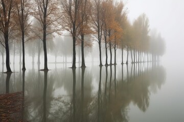 Autumn foggy forest or park. Generative AI