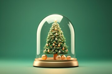 3D render of Magical Christmas scene with a realistic Christmas tree inside a glass dome on a colorful backdrop. This festive image is perfect for holiday greetings, social media, and design projects.