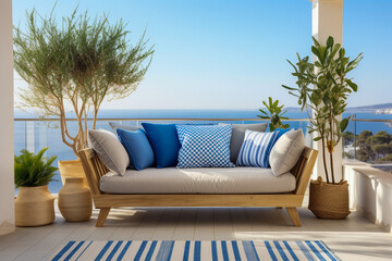 Fototapeta na wymiar Cozy minimalistic balcony design. Blue and white colors