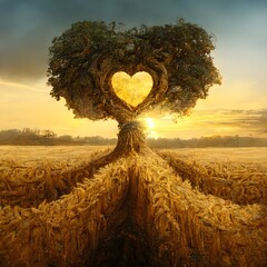an old oak tree in a cornfield with a heartshaped crown during sunrise 