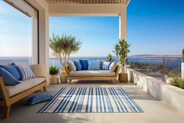 Obraz na płótnie Canvas Cozy minimalistic balcony design. Blue and white colors