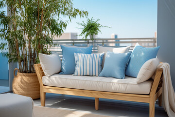 Cozy minimalistic balcony design. Blue and white colors