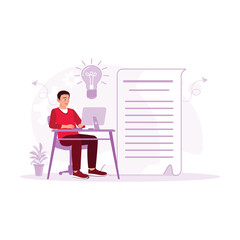  Businessman sitting in front of computer writing content for company financial report presentation. Content Writer concept. trend modern vector flat illustration