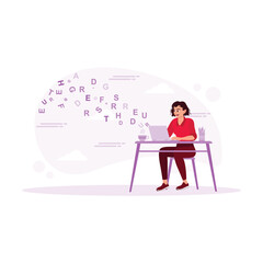  Businesswoman sitting at her office desk completing work with alphabet letters flying upwards. Content Writer concept. trend modern vector flat illustration