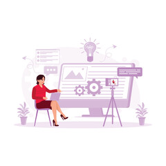 Female influencer vlogging online with a smartphone camera and laptop. Content Writer concept. trend modern vector flat illustration