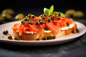 close-up of a single piece of bruschetta with capers and tomato