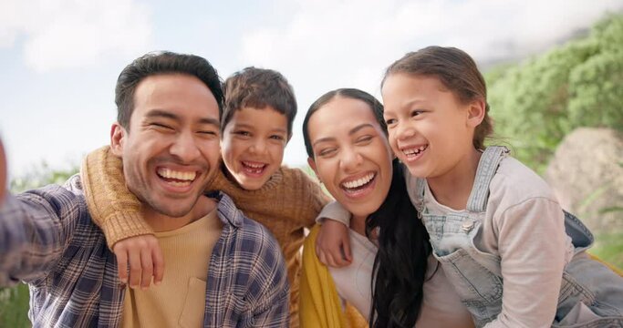 Selfie, outdoor and family with vacation, funny and happiness with humor, profile picture and travel. Face, parents and mother with father, children and kids with post, trip and laughing with bonding