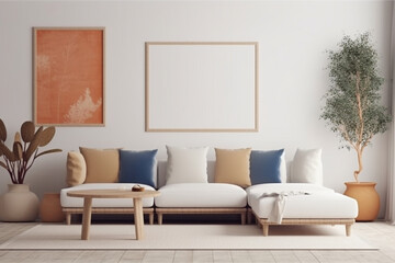 Mock up poster frame in boho interior background wooden living room design scandinavian style