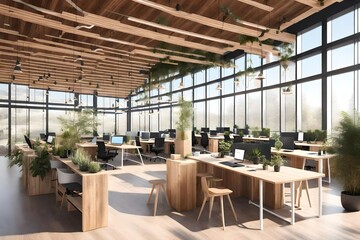 A photorealistic 3D rendering of the interior of a co-working office with sustainable green design. 