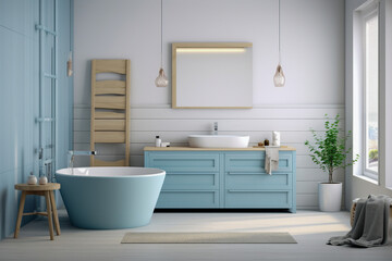 Fototapeta na wymiar Minimalistic cozy bathroom with wooden texture. Blue and white pastel colors, modern interior design