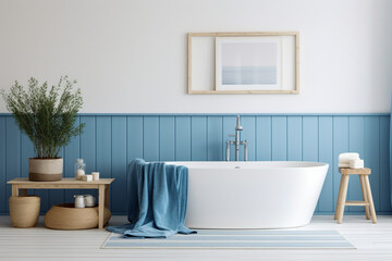 Fototapeta premium Minimalistic cozy bathroom with wooden texture. Blue and white pastel colors, modern interior design