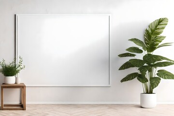 A photorealistic 3D rendering of a room empty background with a plant mockup set against a clean white wall with rustic details. 