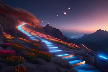 A photorealistic 3D rendering of a futuristic journey up the glowing mountain path.