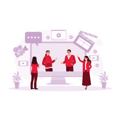  Female director talking with the assistant while watching a movie scene on the TV screen. Film Production Concept. trend modern vector flat illustration