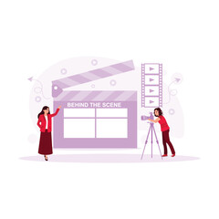  A film crew team records a female scene with a film studio in the background. Film Production Concept. trend modern vector flat illustration